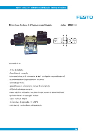 Painel Simulador de Hidráulica Industrial e Eletro-Hidráulica




Eletroválvula direcional de 4/3 vias, centro de flutuação             código        130 23 018




                                                                         A      B




                                                                         P      T




Dados técnicos:


- 4 vias de trabalho
- 3 posições de comando
- centro de flutuação (P bloqueada, A, B e T interligadas na posição central)
- acionamento elétrico por solenóide de 24 Vcc
- centrada por molas
- possibilidade de acionamento manual de emergência
- LEDs indicadores de operação
- cabos elétricos equipados com pinos do tipo banana de 4 mm (inclusos)
- pressão máxima de operação: 210 bar
- vazão nominal: 20 lpm
- temperatura de operação: -10 a 70 °C
- conexões de engate rápido antivazamento




                                                                                            34
 