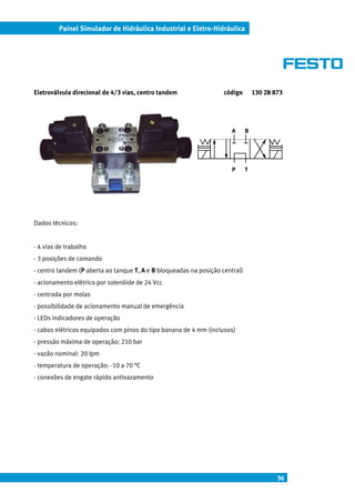 Painel Simulador de Hidráulica Industrial e Eletro-Hidráulica




Eletroválvula direcional de 4/3 vias, centro tandem                 código        130 28 873




                                                                       A      B




                                                                       P      T




Dados técnicos:


- 4 vias de trabalho
- 3 posições de comando
- centro tandem (P aberta ao tanque T, A e B bloqueadas na posição central)
- acionamento elétrico por solenóide de 24 Vcc
- centrada por molas
- possibilidade de acionamento manual de emergência
- LEDs indicadores de operação
- cabos elétricos equipados com pinos do tipo banana de 4 mm (inclusos)
- pressão máxima de operação: 210 bar
- vazão nominal: 20 lpm
- temperatura de operação: -10 a 70 °C
- conexões de engate rápido antivazamento




                                                                                          36
 