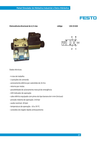 Painel Simulador de Hidráulica Industrial e Eletro-Hidráulica




Eletroválvula direcional de 4/2 vias                       código        130 23 020




                                                                           A    B




                                                                           P    T




Dados técnicos:


- 4 vias de trabalho
- 2 posições de comando
- acionamento elétrico por solenóide de 24 Vcc
- retorno por molas
- possibilidade de acionamento manual de emergência
- LED indicador de operação
- cabo elétrico equipado com pinos do tipo banana de 4 mm (incluso)
- pressão máxima de operação: 210 bar
- vazão nominal: 20 lpm
- temperatura de operação: -10 a 70 °C
- conexões de engate rápido antivazamento




                                                                                      37
 