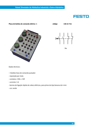 Painel Simulador de Hidráulica Industrial e Eletro-Hidráulica




Placa de botões de comando elétrico 1                       código         130 22 716




                                                                             3x




Dados técnicos:


- 3 botões lisos de comando pulsador
- reposição por mola
- contatos: 2 NA + 2 NF
- corrente: 5 A
- bornes de ligação rápida de cabos elétricos, para pinos do tipo banana de 4 mm
- cor: verde




                                                                                        41
 