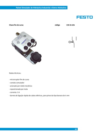 Painel Simulador de Hidráulica Industrial e Eletro-Hidráulica




Chave fim de curso                                          código         130 24 434




Dados técnicos:


- microrruptor fim de curso
- contato comutador
- acionado por rolete mecânico
- reposicionado por mola
- corrente: 5 A
- bornes de ligação rápida de cabos elétricos, para pinos do tipo banana de 4 mm




                                                                                        45
 