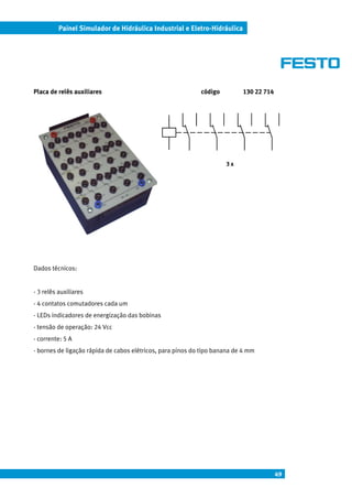 Painel Simulador de Hidráulica Industrial e Eletro-Hidráulica




Placa de relês auxiliares                                   código         130 22 714




                                                                     3x




Dados técnicos:


- 3 relês auxiliares
- 4 contatos comutadores cada um
- LEDs indicadores de energização das bobinas
- tensão de operação: 24 Vcc
- corrente: 5 A
- bornes de ligação rápida de cabos elétricos, para pinos do tipo banana de 4 mm




                                                                                        49
 