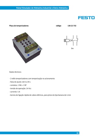 Painel Simulador de Hidráulica Industrial e Eletro-Hidráulica




Placa de temporizadores                                     código         130 22 732




                                                                                   2x




Dados técnicos:


- 2 relês temporizadores com temporização no acionamento
- faixa de ajuste: de 0 a 20 s
- contatos: 1 NA + 1 NF
- tensão de operação: 24 Vcc
- corrente: 5 A
- bornes de ligação rápida de cabos elétricos, para pinos do tipo banana de 4 mm




                                                                                        50
 