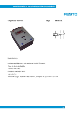 Painel Simulador de Hidráulica Industrial e Eletro-Hidráulica




Temporizador eletrônico                                     código         130 28 685




Dados técnicos:


- temporizador eletrônico com temporização no acionamento
- faixa de ajuste: de 0 a 20 s
- contato comutador
- tensão de operação: 24 Vcc
- corrente: 5 A
- bornes de ligação rápida de cabos elétricos, para pinos do tipo banana de 4 mm




                                                                                        51
 