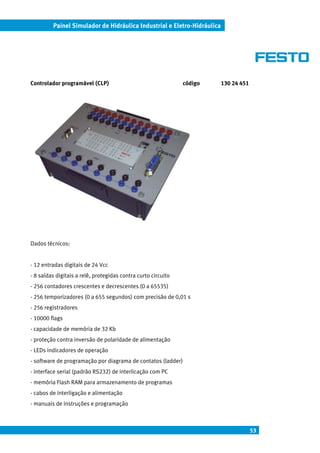 Painel Simulador de Hidráulica Industrial e Eletro-Hidráulica




Controlador programável (CLP)                                  código    130 24 451




Dados técnicos:


- 12 entradas digitais de 24 Vcc
- 8 saídas digitais a relê, protegidas contra curto circuito
- 256 contadores crescentes e decrescentes (0 a 65535)
- 256 temporizadores (0 a 655 segundos) com precisão de 0,01 s
- 256 registradores
- 10000 flags
- capacidade de memória de 32 Kb
- proteção contra inversão de polaridade de alimentação
- LEDs indicadores de operação
- software de programação por diagrama de contatos (ladder)
- interface serial (padrão RS232) de interlicação com PC
- memória Flash RAM para armazenamento de programas
- cabos de interligação e alimentação
- manuais de instruções e programação



                                                                                      53
 