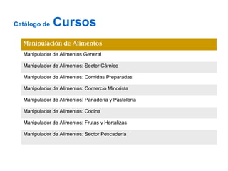 Catálogo de   Cursos
  Manipulación de Alimentos
  Manipulador de Alimentos General

  Manipulador de Alimentos: Sector Cárnico

  Manipulador de Alimentos: Comidas Preparadas

  Manipulador de Alimentos: Comercio Minorista

  Manipulador de Alimentos: Panadería y Pastelería

  Manipulador de Alimentos: Cocina

  Manipulador de Alimentos: Frutas y Hortalizas

  Manipulador de Alimentos: Sector Pescadería
 