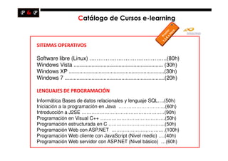 Catálogo de Cursos e-learning



SITEMAS OPERATIVOS

Software libre (Linux) …………………………………….(80h)
Windows Vista ............................................................ (30h)
Windows XP ................................................................(30h)
Windows 7 ...................................................................(20h)

LENGUAJES DE PROGRAMACIÓN
Informática Bases de datos relacionales y lenguaje SQL….(50h)
Iniciación a la programación en Java ………………………..(60h)
Introducción a J2SE ……………………………………………(90h)
Programación en Visual C++ ………………………………….(50h)
Programación estructurada en C ……………………………..(50h)
Programación Web con ASP.NET ……………………………(100h)
Programación Web cliente con JavaScript (Nivel medio) ….(40h)
Programación Web servidor con ASP.NET (Nivel básico) …(60h)
 