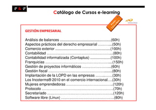 Catálogo de Cursos e-learning



GESTIÓN EMPRESARIAL

Análisis de balances ..................................................(60h)
Aspectos prácticos del derecho empresarial ………...(50h)
Comercio exterior ......................................................(100h)
Contabilidad ……………………………………………...(80h)
Contabilidad informatizada (Contaplus) ....................(100h)
Franquicias ……………………………………………....(150h)
Gestión de proyectos informáticos …………………...(60h)
Gestión fiscal ………………………………………........(80h)
Implantación de la LOPD en las empresas ……..……(30h)
Los Incoterms® 2010 en el comercio internacional….(30h)
Mujeres emprendedoras ………………………………..(120h)
Protocolo ………………………………………………….(70h)
Secretariado ……………………………………………...(120h)
Software libre (Linux) …………………………………….(80h)
 