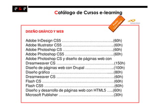 Catálogo de Cursos e-learning



DISEÑO GRÁFICO Y WEB

Adobe InDesign CS5 …………………………………..(60h)
Adobe Illustrator CS5 …………………………………..(60h)
Adobe Photoshop CS ………………………………….(60h)
Adobe Photoshop CS5 ………………………………...(60h)
Adobe Photoshop CS y diseño de páginas web con
Dreamweaver CS ……………………………………….(150h)
Diseño de páginas web con Drupal …………………..(100h)
Diseño gráfico ………………………………………......(80h)
Dreamweaver CS ……………………………………….(60h)
Flash CS …………………………………………………(60h)
Flash CS5 ………………………………………………..(60h)
Diseño y desarrollo de páginas web con HTML5 …..(60h)
Microsoft Publisher ……………………………………..(30h)
 
