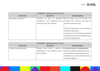 17ª SEMANA - Alternativas para o futuro
CONTEÚDO OBJETIVO OBSERVAÇÕES
Alternativas energéticas. Conhecer os tipos de alternativas
energéticas e sua importância para a
preservação do meio ambiente.
No link abaixo você vai encontrar um
conteúdo bem resumido que pode te
auxiliar durante essa aula.
https://mundoeducacao.uol.com.br/geogr
afia/fontes-alternativas-
energia.htm#:~:text=A%20energia%20sol
ar%20e%20a,impacto%20negativo%20a
o%20meio%20ambiente.
18ª SEMANA - Alternativas para o futuro
CONTEÚDO OBJETIVO OBSERVAÇÕES
O sistema de agroflorestas. Entender como ocorre o sistema de
agroflorestas e sua importância para o
meio ambiente.
Link para acessar no planejamento:
http://www.agrotec.pt/noticias/producao-
de-alimento-em-agrofloresta-traz-mais-
beneficios-para-o-meio-ambiente-do-que-
o-sistema-organico/
 
