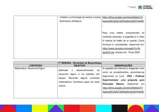 cotidiano na formação de ventos e outros
fenômenos climáticos.
https://drive.google.com/drive/folders/1V
ApokuQKC9pQTq0WApNrxSJDrlY0whfE
.
Para uma melhor compreensão do
conteúdo proposto, a sugestão é o vídeo
A história do balão de ar quente: Como
funciona e curiosidades, disponível em:
https://www.youtube.com/watch?v=N-
2pcE0C-2w. Acesso em: 18 jan.2024
11ª SEMANA - Borboleta de Moçambique
CONTEÚDO OBJETIVO OBSERVAÇÕES
Matemática: Raciocínio lógico
Estimular o desenvolvimento do
raciocínio lógico e do trabalho em
equipe; Recordar alguns conceitos
matemáticos; Conhecer jogos de outra
cultura.
A sugestão de materiais e reagentes, bem
como os procedimentos, encontram-se
disponíveis no Livro PEX - Práticas
Experimentais: uma proposta para
Educação Básica. Disponível em
https://drive.google.com/drive/folders/1V
ApokuQKC9pQTq0WApNrxSJDrlY0whfE
.
 