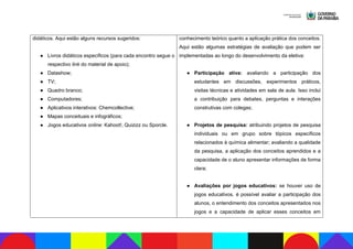didáticos. Aqui estão alguns recursos sugeridos:
● Livros didáticos específicos (para cada encontro segue o
respectivo link do material de apoio);
● Datashow;
● TV;
● Quadro branco;
● Computadores;
● Aplicativos interativos: Chemcollective;
● Mapas conceituais e infográficos;
● Jogos educativos online: Kahoot!, Quizizz ou Sporcle.
conhecimento teórico quanto a aplicação prática dos conceitos.
Aqui estão algumas estratégias de avaliação que podem ser
implementadas ao longo do desenvolvimento da eletiva:
● Participação ativa: avaliando a participação dos
estudantes em discussões, experimentos práticos,
visitas técnicas e atividades em sala de aula. Isso inclui
a contribuição para debates, perguntas e interações
construtivas com colegas;
● Projetos de pesquisa: atribuindo projetos de pesquisa
individuais ou em grupo sobre tópicos específicos
relacionados à química alimentar; avaliando a qualidade
da pesquisa, a aplicação dos conceitos aprendidos e a
capacidade de o aluno apresentar informações de forma
clara;
● Avaliações por jogos educativos: se houver uso de
jogos educativos, é possível avaliar a participação dos
alunos, o entendimento dos conceitos apresentados nos
jogos e a capacidade de aplicar esses conceitos em
 
