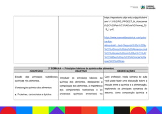 https://repositorio.utfpr.edu.br/jspui/bitstre
am/1/1316/2/PG_PPGECT_M_Kosciansk
i%2C%20Patr%C3%ADcia%20Vanat_20
13_1.pdf;
https://www.manualdaquimica.com/quimi
ca-dos-
alimentos#:~:text=Segundo%20a%20Qu
%C3%ADmica%20dos%20Alimentos,mol
%C3%A9culas%20com%20fun%C3%A7
%C3%B5es%20qu%C3%ADmicas%20e
spec%C3%ADficas.
3ª SEMANA — Princípios básicos da química dos alimentos
CONTEÚDO OBJETIVO OBSERVAÇÕES
Estudo das principais substâncias
químicas nos alimentos.
Composição química dos alimentos:
a. Proteínas, carboidratos e lipídios:
Introduzir os princípios básicos da
química dos alimentos, destacando a
composição dos alimentos, a importância
dos componentes nutricionais e os
processos químicos envolvidos na
Caro professor, nesta semana de aula
você pode fazer uma discussão sobre a
relação entre a química e a alimentação,
explorando os principais conceitos do
assunto, como composição química e
 