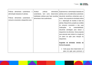 Práticas alimentares sustentáveis —
alimentação baseada em plantas;
Práticas alimentares sustentáveis —
consumo consciente e desperdício zero.
Analisar práticas alimentares
sustentáveis, bem como desenvolver
habilidades práticas para fazer escolhas
alimentares mais sustentáveis.
Exploraremos a alimentação baseada em
plantas como uma alternativa sustentável,
discutindo benefícios ambientais para a
saúde. Uma proposta de atividade prática
é a elaboração de receitas à base de
plantas. Dessa forma, propõe-se a análise
do consumo consciente e das suas
implicações na sustentabilidade,
discutindo estratégias para reduzir o
desperdício de alimentos. Outra proposta
para executar este módulo é a criação de
um plano de ação para redução do
desperdício.
Sugestão de atividade: divisão da
turma em grupos.
● Cada grupo deve desenvolver um
plano de ação para promover a
 