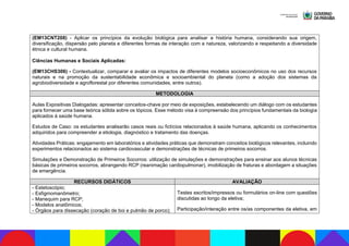 (EM13CNT208) - Aplicar os princípios da evolução biológica para analisar a história humana, considerando sua origem,
diversificação, dispersão pelo planeta e diferentes formas de interação com a natureza, valorizando e respeitando a diversidade
étnica e cultural humana.
Ciências Humanas e Sociais Aplicadas:
(EM13CHS306) - Contextualizar, comparar e avaliar os impactos de diferentes modelos socioeconômicos no uso dos recursos
naturais e na promoção da sustentabilidade econômica e socioambiental do planeta (como a adoção dos sistemas da
agrobiodiversidade e agroflorestal por diferentes comunidades, entre outros).
METODOLOGIA
Aulas Expositivas Dialogadas: apresentar conceitos-chave por meio de exposições, estabelecendo um diálogo com os estudantes
para fornecer uma base teórica sólida sobre os tópicos. Esse método visa à compreensão dos princípios fundamentais da biologia
aplicados à saúde humana.
Estudos de Caso: os estudantes analisarão casos reais ou fictícios relacionados à saúde humana, aplicando os conhecimentos
adquiridos para compreender a etiologia, diagnóstico e tratamento das doenças.
Atividades Práticas: engajamento em laboratórios e atividades práticas que demonstram conceitos biológicos relevantes, incluindo
experimentos relacionados ao sistema cardiovascular e demonstrações de técnicas de primeiros socorros.
Simulações e Demonstração de Primeiros Socorros: utilização de simulações e demonstrações para ensinar aos alunos técnicas
básicas de primeiros socorros, abrangendo RCP (reanimação cardiopulmonar), imobilização de fraturas e abordagem a situações
de emergência.
RECURSOS DIDÁTICOS AVALIAÇÃO
- Estetoscópio;
- Esfigmomanômetro;
- Manequim para RCP;
- Modelos anatômicos;
- Órgãos para dissecação (coração de boi e pulmão de porco);
Testes escritos/impressos ou formulários on-line com questões
discutidas ao longo da eletiva;
Participação/interação entre os/as componentes da eletiva, em
 