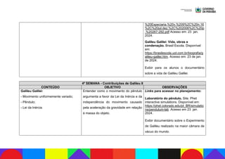 %20Especiaria.%20v.%209%2C%20n.16
%2C%20jul.dez.%2C%202006%2C%20p
.%20267-292.pdf Acesso em: 23 jan.
2024.
Galileu Galilei: Vida, obras e
condenação. Brasil Escola. Disponível
em:
https://brasilescola.uol.com.br/biografia/g
alileu-galilei.htm. Acesso em: 23 de jan.
de 2024.
Exibir para os alunos o documentário
sobre a vida de Galileu Galilei.
4ª SEMANA - Contribuições de Galileu II
CONTEÚDO OBJETIVO OBSERVAÇÕES
Galileu Galilei:
- Movimento uniformemente variado;
- Pêndulo;
- Lei da Inércia.
Entender como o movimento do pêndulo
argumenta a favor da Lei da Inércia e da
independência do movimento causado
pela aceleração da gravidade em relação
à massa do objeto.
Links para acessar no planejamento:
Laboratório do pêndulo. Site. Phet
interactive simulations. Disponível em:
https://phet.colorado.edu/pt_BR/simulatio
ns/pendulum-lab .Acesso em 23 jan.
2024.
Exibir documentário sobre o Experimento
de Galileu realizado na maior câmara de
vácuo do mundo.
 