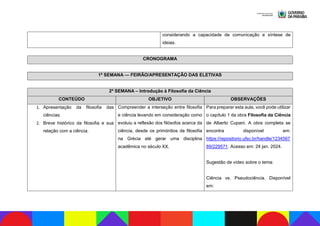 considerando a capacidade de comunicação e síntese de
ideias.
CRONOGRAMA
1ª SEMANA — FEIRÃO/APRESENTAÇÃO DAS ELETIVAS
2ª SEMANA – Introdução à Filosofia da Ciência
CONTEÚDO OBJETIVO OBSERVAÇÕES
1. Apresentação da filosofia das
ciências.
2. Breve histórico da filosofia e sua
relação com a ciência.
Compreender a interseção entre filosofia
e ciência levando em consideração como
evoluiu a reflexão dos filósofos acerca da
ciência, desde os primórdios da filosofia
na Grécia até gerar uma disciplina
acadêmica no século XX.
Para preparar esta aula, você pode utilizar
o capítulo 1 da obra Filosofia da Ciência
de Alberto Cupani. A obra completa se
encontra disponível em:
https://repositorio.ufsc.br/handle/1234567
89/229571. Acesso em: 24 jan. 2024.
Sugestão de vídeo sobre o tema:
Ciência vs. Pseudociência. Disponível
em:
 