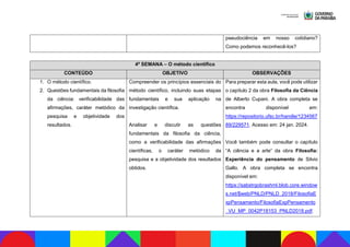 pseudociência em nosso cotidiano?
Como podemos reconhecê-los?
4ª SEMANA – O método científico
CONTEÚDO OBJETIVO OBSERVAÇÕES
1. O método científico.
2. Questões fundamentais da filosofia
da ciência: verificabilidade das
afirmações, caráter metódico da
pesquisa e objetividade dos
resultados.
Compreender os princípios essenciais do
método científico, incluindo suas etapas
fundamentais e sua aplicação na
investigação científica.
Analisar e discutir as questões
fundamentais da filosofia da ciência,
como a verificabilidade das afirmações
científicas, o caráter metódico da
pesquisa e a objetividade dos resultados
obtidos.
Para preparar esta aula, você pode utilizar
o capítulo 2 da obra Filosofia da Ciência
de Alberto Cupani. A obra completa se
encontra disponível em:
https://repositorio.ufsc.br/handle/1234567
89/229571. Acesso em: 24 jan. 2024.
Você também pode consultar o capítulo
“A ciência e a arte” da obra Filosofia:
Experiência do pensamento de Silvio
Gallo. A obra completa se encontra
disponível em:
https://sabstrgobrashml.blob.core.window
s.net/$web/PNLD/PNLD_2018/FilosofiaE
xpPensamento/FilosofiaExpPensamento
_VU_MP_0042P18153_PNLD2018.pdf.
 