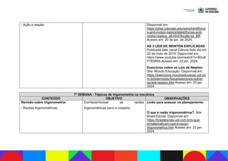 - Ação e reação. Disponível em:
https://phet.colorado.edu/sims/html/force
s-and-motion-basics/latest/forces-and-
motion-basics_all.html?locale=pt_BR
Acesso em: 20 de jan. de 2024.
AS 3 LEIS DE NEWTON EXPLICADAS
Publicada pelo canal Ciência todo dia em
20 de maio de 2019. Disponível em:
https://www.youtube.com/watch?v=B2u8
FYE9fWk Acesso em: 23 jan. 2024.
Exercícios sobre as Leis de Newton.
Site. Mundo Educação. Disponível em:
https://exercicios.mundoeducacao.uol.co
m.br/exercicios-fisica/exercicios-sobre-
as-leis-newton.htm Acesso em: 23 jan.
2024.
7ª SEMANA - Tópicos de trigonometria na mecânica
CONTEÚDO OBJETIVO OBSERVAÇÕES
Revisão sobre trigonometria:
- Razões trigonométricas.
Conhecer/revisar as razões
trigonométricas seno e cosseno.
Links para acessar no planejamento:
O que é razão trigonométrica?. Site.
Brasil Escola. Disponível em:
https://brasilescola.uol.com.br/o-que-
e/matematica/o-que-e-razao-
trigonometrica.htm Acesso em: 23 jan.
2024.
 