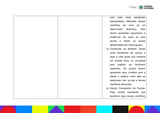 aula onde os/as estudantes
representarão diferentes teorias
científicas em torno de um
determinado fenômeno. Eles
devem apresentar argumentos e
evidências em apoio às suas
teorias e refutar as teorias
apresentadas por outros grupos.
d) Construção de Modelos: Divida
os/as estudantes em grupos e
peça a cada grupo que construa
um modelo físico ou conceitual
para explicar um fenômeno
específico. Os grupos devem
apresentar seus modelos para a
classe e explicar como eles se
relacionam com as leis e teorias
científicas relevantes.
e) Estudo Comparativo de Teorias:
Peça aos/às estudantes que
escolham duas teorias científicas
 