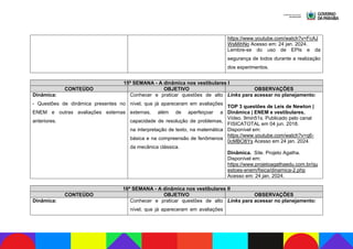 https://www.youtube.com/watch?v=FcAJ
WsMihNo Acesso em: 24 jan. 2024.
Lembre-se do uso de EPIs e da
segurança de todos durante a realização
dos experimentos.
15ª SEMANA - A dinâmica nos vestibulares I
CONTEÚDO OBJETIVO OBSERVAÇÕES
Dinâmica:
- Questões de dinâmica presentes no
ENEM e outras avaliações externas
anteriores.
Conhecer e praticar questões de alto
nível, que já apareceram em avaliações
externas, além de aperfeiçoar a
capacidade de resolução de problemas,
na interpretação de texto, na matemática
básica e na compreensão de fenômenos
da mecânica clássica.
Links para acessar no planejamento:
TOP 3 questões de Leis de Newton |
Dinâmica | ENEM e vestibulares.
Vídeo. 9min51s. Publicado pelo canal
FISICATOTAL em 04 jun. 2018.
Disponível em:
https://www.youtube.com/watch?v=q6-
0cMBO8Ys Acesso em 24 jan. 2024.
Dinâmica. Site. Projeto Agatha.
Disponível em:
https://www.projetoagathaedu.com.br/qu
estoes-enem/fisica/dinamica-2.php
Acesso em: 24 jan. 2024.
16ª SEMANA - A dinâmica nos vestibulares II
CONTEÚDO OBJETIVO OBSERVAÇÕES
Dinâmica: Conhecer e praticar questões de alto
nível, que já apareceram em avaliações
Links para acessar no planejamento:
 