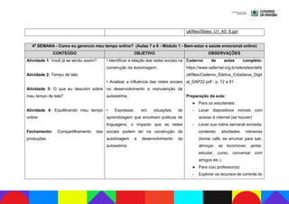 ult/files/Slides_U1_A5_6.ppt
4ª SEMANA - Como eu gerencio meu tempo online? (Aulas 7 e 8 - Módulo 1 - Bem-estar e saúde emocional online)
CONTEÚDO OBJETIVO OBSERVAÇÕES
Atividade 1: Você já se sentiu assim?
Atividade 2: Tempo de tela
Atividade 3: O que eu descobri sobre
meu tempo de tela?
Atividade 4: Equilibrando meu tempo
online
Fechamento: Compartilhamento das
produções
• Identificar a relação das redes sociais na
construção da autoimagem;
• Analisar a influência das redes sociais
no desenvolvimento e manutenção da
autoestima;
• Expressar, em situações de
aprendizagem que envolvam práticas de
linguagens, o impacto que as redes
sociais podem ter na construção da
autoimagem e desenvolvimento da
autoestima
Caderno de aulas completo:
https://www.safernet.org.br/site/sites/defa
ult/files/Caderno_Eletiva_Cidadania_Digit
al_DAP22.pdf - p. 72 a 81
Preparação da aula:
● Para os estudantes:
- Levar dispositivos móveis com
acesso à internet (se houver)
- Levar sua rotina semanal anotada,
contendo atividades rotineiras
(tomar café, se arrumar para sair,
almoçar, se locomover, jantar,
estudar, curso, conversar com
amigos etc.)
● Para o(a) professor(a):
- Explorar os recursos de controle do
 