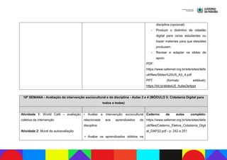 disciplina (opcional)
- Produzir o distintivo de cidadão
digital para os/as estudantes ou
trazer materiais para que eles/elas
produzam.
- Revisar e adaptar os slides de
apoio:
PDF:
https://www.safernet.org.br/site/sites/defa
ult/files/Slides%20U5_A3_4.pdf
PPT (formato editável):
https://bit.ly/slidesU5_Aulas3e4ppt
19ª SEMANA - Avaliação da intervenção sociocultural e da disciplina - Aulas 3 e 4 (MÓDULO 5: Cidadania Digital para
todos e todas)
Atividade 1: World Café – avaliação
coletiva da intervenção
Atividade 2: Mural da autoavaliação
• Avaliar a intervenção sociocultural
relacionada aos aprendizados da
disciplina
• Avaliar os aprendizados obtidos na
Caderno de aulas completo:
https://www.safernet.org.br/site/sites/defa
ult/files/Caderno_Eletiva_Cidadania_Digit
al_DAP22.pdf - p. 242 a 251
 