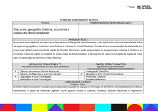 PLANO DE COMPONENTE ELETIVO
TÍTULO PROFESSOR(ES) RESPONSÁVEL(EIS)
Deu praia: geografia, história, economia e
cultura do litoral paraibano
APRESENTAÇÃO
A proposta desta eletiva é articular os conhecimentos de Geografia, História e Artes, para aprofundar de forma diversificada sobre
os aspectos geográficos, históricos, econômicos e culturais do Litoral Paraibano, fortalecendo a compreensão da identidade dos
povos que habitam essa importante região da Paraíba. Para tanto, serão apresentados os equipamentos culturais e turísticos, as
principais praias da região, os projetos de preservação da biodiversidade, a demografia de cada microrregião da região da mata,
além da realização de oficinas e visitas técnicas.
ÁREA(S) DE CONHECIMENTO
http://basenacionalcomum.mec.gov.br/abase/#medio
EIXO(S) ESTRUTURANTE(S)
https://www.in.gov.br/materia/-
/asset_publisher/Kujrw0TZC2Mb/content/id/70268199
X Ciências Humanas e Sociais Aplicadas Investigação Científica
Ciências da Natureza e suas Tecnologias X Mediação e Intervenção Sociocultural
X Linguagens e suas Tecnologias Processos Criativos
Matemática e suas Tecnologias Empreendedorismo
HABILIDADES DA BNCC
(Código + Texto)
(EM13CHS204) Comparar e avaliar os processos de ocupação do espaço e a formação de territórios, territorialidades e fronteiras,
identificando o papel de diferentes agentes (como grupos sociais e culturais, impérios, Estados Nacionais e organismos
 