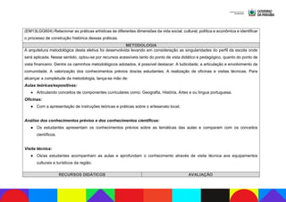 (EM13LGG604) Relacionar as práticas artísticas às diferentes dimensões da vida social, cultural, política e econômica e identificar
o processo de construção histórica dessas práticas.
METODOLOGIA
A arquitetura metodológica desta eletiva foi desenvolvida levando em consideração as singularidades do perfil da escola onde
será aplicada. Nesse sentido, optou-se por recursos acessíveis tanto do ponto de vista didático e pedagógico, quanto do ponto de
vista financeiro. Dentre os caminhos metodológicos adotados, é possível destacar: A ludicidade; a articulação e envolvimento da
comunidade; A valorização dos conhecimentos prévios dos/as estudantes; A realização de oficinas e visitas técnicas. Para
alcançar a completude da metodologia, lança-se mão de:
Aulas teóricas/expositivas:
● Articulando conceitos de componentes curriculares como: Geografia, História, Artes e ou língua portuguesa.
Oficinas:
● Com a apresentação de instruções teóricas e práticas sobre o artesanato local;
Análise dos conhecimentos prévios e dos conhecimentos científicos:
● Os estudantes apresentam os conhecimentos prévios sobre as temáticas das aulas e comparam com os conceitos
científicos.
Visita técnica:
● Os/as estudantes acompanham as aulas e aprofundam o conhecimento através de visita técnica aos equipamentos
culturais e turísticos da região.
RECURSOS DIDÁTICOS AVALIAÇÃO
 