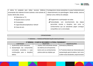 A eletiva foi projetada para utilizar recursos didáticos
provenientes dos materiais de bens duráveis e não duráveis da
escola. Dentre eles, temos:
▪Data-show ou TV;
▪Quadro branco e pincel;
▪Computador;
▪Jogos Educativos/aplicativos: Kahoot!
▪Caixa de som.
O protagonismo dos/as estudantes é a peça fundamental para
o desenvolvimento da aprendizagem. Nesse sentido, deve-se
valorizar como critérios de avaliação:
✔Engajamento e participação nas aulas;
✔Autoavaliação, com reconhecimento das etapas
percorridas durante a disciplina, bem como os
conhecimentos que os/ estudantes julgam conseguir
compartilhar com a comunidade.
CRONOGRAMA
1ª SEMANA — FEIRÃO/APRESENTAÇÃO DAS ELETIVAS
2ª SEMANA – O QUE EU SEI SOBRE O LITORAL PARAIBANO?
CONTEÚDO OBJETIVO OBSERVAÇÕES
1. Acolhimento aos/às estudante;
2. Apresentação dos componentes
curriculares envolvidos e suas
contribuições para a disciplina
eletiva;
1. Acolher os/as estudantes através
de dinâmica de entrosamento,
tendo como os conhecimentos
prévios sobre as cidades que
Estimado/a professor/a,
A 2ª semana deverá ser direcionada para
apresentação geral da eletiva, bem como
acolher os/as estudantes, proporcionando
 