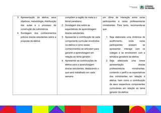 3. Apresentação da eletiva, seus
objetivos, metodologia, distribuição
das aulas e o processo de
construção da culminância.
4. Sondagem dos conhecimentos
prévios dos/as estudantes sobre a
proposta da eletiva.
compõem a região da mata e o
litoral paraibano;
2. Sondagem dos sobre as
expectativas de aprendizagem
dos/as estudantes;
3. Apresentar a contribuição de cada
componente curricular envolvidos
na eletiva e como esses
conhecimentos se articulam para
garantir a aprendizagem em
relação ao tema gerador;
4. Apresentar as contribuições da
eletiva para a aprendizagem
dos/as estudantes, destacando o
que será trabalhado em cada
semana.
um clima de interação entre os/as
participantes e os/as professores/as
ministrantes. Para tanto, recomenda-se
que:
1. Seja elaborada uma dinâmica de
acolhimento, onde os/as
participantes possam se
apresentar, interagir com os
colegas e se envolverem com a
temática geradora da eletiva;
2. Seja elaborada uma breve
apresentação dos/as
professores/as ministrantes,
contando o perfil e as expectativas
dos ministrantes em relação à
eletiva, bem como a contribuição
de seus respectivos componentes
curriculares em relação ao tema
gerador da eletiva;
 