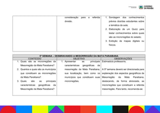 consideração para a referida
divisão.
1. Sondagem dos conhecimentos
prévios dos/das estudantes sobre
a temática da aula;
2. Elaboração de um Quizz para
testar conhecimentos sobre quais
são as microrregiões do estado;
3. Exibição de mapas digitais ou
físicos.
5ª SEMANA – DESBRAVANDO A MESORREGIÃO DA MATA PARAIBANA
CONTEÚDO OBJETIVO OBSERVAÇÕES
1. Quais são as microrregiões da
Mesorregião da Mata Paraibana?
2. Quantos e quais são os municípios
que constituem as microrregiões
da Mata Paraibana?
3. Quais são as principais
características geográficas da
Mesorregião da Mata Paraibana?
1. Apresentar as principais
características geográficas da
mesorregião da Mata Paraibana,
sua localização, bem como os
municípios que constituem suas
microrregiões.
Estimado/a professor/a,
A 5ª semana deverá ser direcionada para
explanação dos aspectos geográficos da
Mesorregião da Mata Paraibana,
destacando, de forma abreviada, as
microrregiões que constituem a referida
mesorregião. Para tanto, recomenda-se:
 