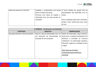 Direito dos idosos (Lei 10741/03) Fortalecer o conhecimento dos alunos
sobre os direitos dos idosos.
Promover uma cultura de respeito e
valorização para com essa parcela da
sociedade.
A turma dividida em grupos fará as
apresentações das entrevistas com os
idosos.
Para a realização desta aula é necessário
projetor, lousa, caneta para lousa, caixa
de som.
8ª SEMANA – Se alimentar com Educação
CONTEÚDO OBJETIVO OBSERVAÇÕES
Educação Alimentar e Nutricional (EAN) Discutir o tema da alimentação como um
dos elementos da demonstração de
educação de uma sociedade.
Devem ser observados, nesse momento,
temas como: a redução de desperdício de
alimentos, a promoção do consumo
sustentável e da alimentação saudável.
Para tanto, sugerimos a utilização do site
a seguir:
https://www.gov.br/mds/pt-
br/caisan/educacao-alimentar-e-
nutricional
 