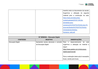 inserido entre os documentos da escola.
Sugerimos a utilização do seguinte
material para a construção da aula:
https://www.amnistia.pt/wp-
content/uploads/2018/11/Kit-de-
atividades-para-
comemora%C3%A7%C3%A3o-dos-70-
anos-da-Declara%C3%A7%C3%A3o-
Universal-dos-Direitos-
Humanos_web.pdf.
16ª SEMANA – Educação Digital
CONTEÚDO OBJETIVO OBSERVAÇÕES
Educação Digital Apresentar aos/as alunos/as o conceito
de Educação Digital
Para o desenvolvimento da aula
sugerimos a utilização do material a
seguir:
https://www.geekie.com.br/educacao-
digital-papel-escola/
Para a realização desta aula é necessário
lousa, caneta para lousa.
 