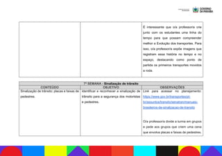 É interessante que o/a professor/a crie
junto com os estudantes uma linha do
tempo para que possam compreender
melhor a Evolução dos transportes. Para
isso, o/a professor/a expõe imagens que
registram essa história no tempo e no
espaço, destacando como ponto de
partida os primeiros transportes movidos
a roda.
7ª SEMANA - Sinalização de trânsito
CONTEÚDO OBJETIVO OBSERVAÇÕES
Sinalização de trânsito: placas e faixas de
pedestres.
Identificar e reconhecer a sinalização de
trânsito para a segurança dos motoristas
e pedestres.
Link para acessar no planejamento:
https://www.gov.br/transportes/pt-
br/assuntos/transito/senatran/manuais-
brasileiros-de-sinalizacao-de-transito
O/a professor/a divide a turma em grupos
e pede aos grupos que criem uma cena
que envolva placas e faixas de pedestres.
 
