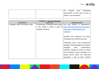 Em seguida os/as estudantes
apresentarão as cenas para a turma e
relatam o que aprenderam.
8ª SEMANA - Tipos de linguagem
CONTEÚDO OBJETIVO OBSERVAÇÕES
Linguagem verbal, não verbal e mista. Compreender e interpretar textos verbais
e não verbais e mistos a partir de
situações cotidianas.
Link para acessar no planejamento:
https://www.preparaenem.com/portugues
/linguagem-verbal-linguagem-nao-
verbal.htm
Convidar um/a professor/a de Língua
Portuguesa para ministrar essa aula.
Professor/a, inicie a aula conceituando
linguagem verbal, linguagem não verbal e
linguagem mista, apresentando
exemplos. Coloque os textos em slides
para apresentar aos/às estudantes ou
poderá imprimir textos com diferentes
linguagens e colar na lousa. Poderá
 