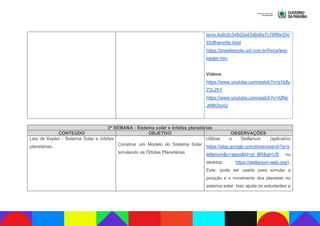 terra,4a9c0c348d3a43d6d0e7c78ff8e30d
65dfhwvn9e.html
https://brasilescola.uol.com.br/fisica/leis-
kepler.htm
Vídeos:
https://www.youtube.com/watch?v=g1b8z
Z3LZhY
https://www.youtube.com/watch?v=iQNp
JMBObnQ
3ª SEMANA - Sistema solar e órbitas planetárias
CONTEÚDO OBJETIVO OBSERVAÇÕES
Leis de Kepler - Sistema Solar e órbitas
planetárias. Construir um Modelo do Sistema Solar
simulando as Órbitas Planetárias
Utilizar o Stellarium (aplicativo
https://play.google.com/store/search?q=s
tellarium&c=apps&hl=pt_BR&gl=US ou
desktop: https://stellarium-web.org/),
Este, pode ser usado para simular a
posição e o movimento dos planetas no
sistema solar. Isso ajuda os estudantes a
 