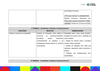 dos Direitos Humanos.
Links para acessar no planejamento:
Direitos Humanos. Disponível em:
https://www.youtube.com/watch?v=WSry
yc9OiWQ. Acesso em: 25 de jan de 2024.
5ª SEMANA - Atualidades e Debates Contemporâneos I
CONTEÚDO OBJETIVO OBSERVAÇÕES
Política e economia na atualidade Analisar as interações entre política e
economia na contemporaneidade,
permitindo aos/às estudantes
compreenderem os desafios e as
perspectivas dessas esferas no contexto
sociocultural.
Sugestões para a aula, sendo portanto,
ajustadas de acordo com a realidade de
cada contexto:
- Análise de notícias sobre a temática
(vídeos, textos, podcast);
- Análise de redações nota 1000 que
utilizaram repertórios sobre economia e
política;
- Debates com professores/as e/ou
especialistas.
6ª SEMANA - Atualidades e Debates Contemporâneos II
 