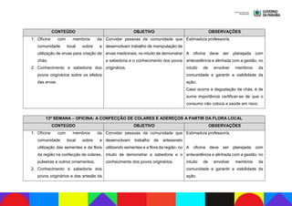 CONTEÚDO OBJETIVO OBSERVAÇÕES
1. Oficina com membros da
comunidade local sobre a
utilização de ervas para criação de
chás;
2. Conhecimento e sabedoria dos
povos originários sobre os efeitos
das ervas.
Convidar pessoas da comunidade que
desenvolvam trabalho de manipulação de
ervas medicinais, no intuito de demonstrar
a sabedoria e o conhecimento dos povos
originários.
Estimado/a professor/a,
A oficina deve ser planejada com
antecedência e alinhada com a gestão, no
intuito de envolver membros da
comunidade e garantir a viabilidade da
ação.
Caso ocorra a degustação de chás, é de
suma importância certificar-se de que o
consumo não coloca a saúde em risco.
13ª SEMANA – OFICINA: A CONFECÇÃO DE COLARES E ADEREÇOS A PARTIR DA FLORA LOCAL
CONTEÚDO OBJETIVO OBSERVAÇÕES
1. Oficina com membros da
comunidade local sobre a
utilização das sementes e da flora
da região na confecção de colares,
pulseiras e outros ornamentos;
2. Conhecimento e sabedoria dos
povos originários e das artesãs da
Convidar pessoas da comunidade que
desenvolvam trabalho de artesanato
utilizando sementes e a flora da região, no
intuito de demonstrar a sabedoria e o
conhecimento dos povos originários.
Estimado/a professor/a,
A oficina deve ser planejada com
antecedência e alinhada com a gestão, no
intuito de envolver membros da
comunidade e garantir a viabilidade da
ação.
 