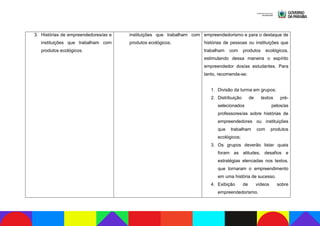 3. Histórias de empreendedores/as e
instituições que trabalham com
produtos ecológicos.
instituições que trabalham com
produtos ecológicos.
empreendedorismo e para o destaque de
histórias de pessoas ou instituições que
trabalham com produtos ecológicos,
estimulando dessa maneira o espírito
empreendedor dos/as estudantes. Para
tanto, recomenda-se:
1. Divisão da turma em grupos;
2. Distribuição de textos pré-
selecionados pelos/as
professores/as sobre histórias de
empreendedores ou instituições
que trabalham com produtos
ecológicos;
3. Os grupos deverão listar quais
foram as atitudes, desafios e
estratégias elencadas nos textos,
que tornaram o empreendimento
em uma história de sucesso.
4. Exibição de vídeos sobre
empreendedorismo.
 