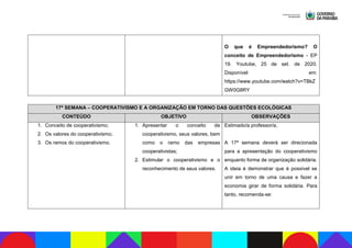 O que é Empreendedorismo? O
conceito de Empreendedorismo - EP
19. Youtube, 25 de set. de 2020.
Disponível em:
https://www.youtube.com/watch?v=TBkZ
GW0G8RY
17ª SEMANA – COOPERATIVISMO E A ORGANIZAÇÃO EM TORNO DAS QUESTÕES ECOLÓGICAS
CONTEÚDO OBJETIVO OBSERVAÇÕES
1. Conceito de cooperativismo;
2. Os valores do cooperativismo;
3. Os ramos do cooperativismo.
1. Apresentar o conceito de
cooperativismo, seus valores, bem
como o ramo das empresas
cooperativistas;
2. Estimular o cooperativismo e o
reconhecimento de seus valores.
Estimado/a professor/a,
A 17ª semana deverá ser direcionada
para a apresentação do cooperativismo
enquanto forma de organização solidária.
A ideia é demonstrar que é possível se
unir em torno de uma causa e fazer a
economia girar de forma solidária. Para
tanto, recomenda-se:
 