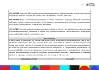 (EM13MAT304) - Resolver e elaborar problemas com funções exponenciais nos quais seja necessário compreender e interpretar
a variação das grandezas envolvidas, em contextos como o da Matemática Financeira, entre outros.
(EM13CNT104) - Avaliar os benefícios e os riscos à saúde e ao ambiente, considerando a composição, a toxicidade e a reatividade
de diferentes materiais e produtos, como também o nível de exposição a eles, posicionando-se criticamente e propondo soluções
individuais e/ou coletivas para seus usos e descartes responsáveis.
(EM13CNT207) - Identificar, analisar e discutir vulnerabilidades vinculadas às vivências e aos desafios contemporâneos aos quais
as juventudes estão expostas, considerando os aspectos físico, psicoemocional e social, a fim de desenvolver e divulgar ações
de prevenção e de promoção da saúde e do bem-estar.
METODOLOGIA
A referida Eletiva se desenvolverá por meio de aulas teóricas, práticas e dinâmicas nos ambientes escolares (sala de aula,
pátio/galeria) e não-escolares (Feira livre). Os/as estudantes terão a oportunidade de conhecer a Arte da Culinária em suas
diversas áreas. Analisar a estrutura de composição das receitas culinárias (ingredientes e modo de preparo) até a realização do
seu produto final (prato pronto) compreendendo a importância do seu planejamento e da sua replicabilidade, respectivamente. Os
conteúdos da BNCC promoverão aprendizagens que se alinham à promoção da interação em grupo, partilhando experiências e
vivências, além de desenvolver um trabalho de criatividade e empreendedorismo, estimulando o desenvolvimento de habilidades
e práticas de organização (e noções) financeira(s) que serão úteis ao longo de toda a sua vida.
RECURSOS DIDÁTICOS AVALIAÇÃO
 