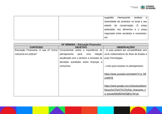 sugestão interessante: analisar a
diversidade de produtos no local e seu
estado de conservação; O preço
estipulado nos alimentos e o preço
negociado entre vendedor e comprador,
etc.
16ª SEMANA – Educação Financeira
CONTEÚDO OBJETIVO OBSERVAÇÕES
Educação Financeira: O que é? Como
colocá-la em prática?
Conscientizar sobre a importância do
planejamento para uma relação
equilibrada com o dinheiro e tomadas de
decisões acertadas sobre finanças e
consumos.
- A aula poderá ser compartilhada com
um/a colaborador/a da Área de Exatas e
suas Tecnologias.
- Links para acessar no planejamento:
https://www.youtube.com/watch?v=a_N5
zvN0lYE
https://www.google.com.br/books/edition/
Educa%C3%A7%C3%A3o_financeira_n
a_escola/Nb08EAAAQBAJ?hl=pt-
 