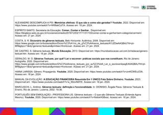 C
ALEXANDRE DESCOMPLICA A PSI. Memórias afetivas: O que são e como são geradas? Youtube, 2022. Disponível em:
https://www.youtube.com/watch?v=Wfi8akCctTA. Acesso em: 18 jan. 2024.
ESPÍRITO SANTO. Secretaria da Educação. Comer, Contar e Ganhar. Disponível em:
https://blogteca.sedu.es.gov.br/novoensinomedio/2019/12/03/17/11/31/103/comer-contar-e-ganhar/sem-categoria/carmem/.
Acesso em: 21 jan. 2024.
COSTA, S. R. Dicionário de gêneros textuais. Belo Horizonte: Autêntica, 2008. Disponível em:
https://www.google.com.br/books/edition/Dicion%C3%A1rio_de_g%C3%AAneros_textuais/AYJZDwAAQBAJ?hl=pt-
BR&gbpv=1&dq=generos+textuais&printsec=frontcover. Acesso em: 21 jan. 2024.
DE CASTRO, S. Gêneros textuais. Mundo Educação. 2013. Disponível em: https://mundoeducacao.uol.com.br/redacao/genero-
textual.htm. Acesso em: 18 jan. 2024.
GERALDO, M. O. Gêneros Textuais, por quê? Ler e escrever: práticas sociais que nos constituem. Rio de Janeiro:
Autografia, 2020. Disponível em:
https://www.google.com.br/books/edition/G%C3%AAneros_textuais_por_qu%C3%AA_Ler_e_escreve/dqwgEAAAQBAJ?hl=pt-
BR&gbpv=1&dq=generos+textuais&printsec=frontcover. Acesso em: 21 jan. 2024.
HIANA LARISSA. Gênero: Propaganda. Youtube, 2020. Disponível em: https://www.youtube.com/watch?v=zmKCWExJClA.
Acesso em: 18 jan. 2024.
MANUAL DA EVOLUÇÃO. A EDUCAÇÃO FINANCEIRA Resumida Em 1 ÚNICO Fato Sobre Dinheiro. Youtube, 2023.
Disponível em: https://www.youtube.com/watch?v=a_N5zvN0lYE. Acesso em: 18 jan. 2024.
MARCUSCHI, L. Antônio. Gêneros textuais: definição e funcionalidade. In: DIONISIO, Ângela Paiva. Gêneros Textuais &
Ensino. Rio de Janeiro: Lucerna, 2002: 19-36.
PORTUGUÊS SEM ENROLAÇÃO - PROFESSORA LIS. Gêneros textuais – O que são Gêneros Textuais (Entenda Agora
Mesmo). Youtube, 2020. Disponível em: https://www.youtube.com/watch?v=NxlokHGBxac. Acesso em: 18 jan. 2024.
 