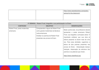 https://www.weareteachers.com/poetry-
games-for-the-classroom/
6ª SEMANA - Robert Frost: biografia e sua participação no Enem
CONTEÚDO OBJETIVO OBSERVAÇÕES
Robert Frost, poeta modernista
americano.
Compreender a figura de Robert Frost
como grande modernista da literatura
norte-americana.
Analisar os poemas de Robert Frost
presentes nas provas do Enem.
Nesta quinta aula, o/a professor/a deverá
apresentar o poeta americano Robert
Frost, sua biografia e principais obras. É
importante enfatizar que sua obra já
esteve presente no Enem mais de uma
vez. Para essa atividade, sugerimos a
leitura de dois poemas presentes nas
provas do Enem, interpretação textual,
tradução, observação da estrutura dos
poemas e as palavras que rimam.
https://www.robertfrost.org/
 