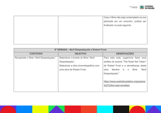 Caso o filme não seja contemplado na sua
plenitude em um encontro, poderá ser
finalizado na aula seguinte.
9ª SEMANA - Abril Despedaçado e Robert Frost
CONTEÚDO OBJETIVO OBSERVAÇÕES
Recapitular o filme “Abril Despedaçado.” Relembrar o enredo do filme “Abril
Despedaçado”;
Relacionar a obra cinematográfica com
uma obra de Robert Frost;
Para esta aula, sugerimos fazer uma
análise do poema “The Road Not Taken”
de Robert Frost e a semelhança desta
obra literária e o filme “Abril
Despedaçado.”
https://www.poetryfoundation.org/poems/
44272/the-road-not-taken
 