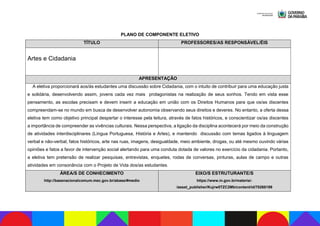 PLANO DE COMPONENTE ELETIVO
TÍTULO PROFESSORES/AS RESPONSÁVEL/ÉIS
Artes e Cidadania
APRESENTAÇÃO
A eletiva proporcionará aos/às estudantes uma discussão sobre Cidadania, com o intuito de contribuir para uma educação justa
e solidária, desenvolvendo assim, jovens cada vez mais protagonistas na realização de seus sonhos. Tendo em vista esse
pensamento, as escolas precisam e devem inserir a educação em união com os Direitos Humanos para que os/as discentes
compreendam-se no mundo em busca de desenvolver autonomia observando seus direitos e deveres. No entanto, a oferta dessa
eletiva tem como objetivo principal despertar o interesse pela leitura, através de fatos históricos, e conscientizar os/as discentes
a importância de compreender as vivências culturais. Nessa perspectiva, a ligação da disciplina acontecerá por meio da construção
de atividades interdisciplinares (Língua Portuguesa, História e Artes), e mantendo discussão com temas ligados à linguagem
verbal e não-verbal, fatos históricos, arte nas ruas, imagens, desigualdade, meio ambiente, drogas, ou até mesmo ouvindo várias
opiniões e fatos a favor de intervenção social alertando para uma conduta dotada de valores no exercício da cidadania. Portanto,
a eletiva tem pretensão de realizar pesquisas, entrevistas, enquetes, rodas de conversas, pinturas, aulas de campo e outras
atividades em consonância com o Projeto de Vida dos/as estudantes.
ÁREA/S DE CONHECIMENTO
http://basenacionalcomum.mec.gov.br/abase/#medio
EIXO/S ESTRUTURANTE/S
https://www.in.gov.br/materia/-
/asset_publisher/Kujrw0TZC2Mb/content/id/70268199
 
