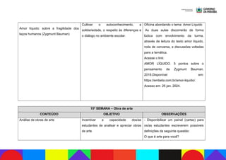 Amor líquido: sobre a fragilidade dos
laços humanos (Zygmunt Bauman)
Cultivar o autoconhecimento, a
solidariedade, o respeito às diferenças e
o diálogo no ambiente escolar.
Oficina abordando o tema: Amor Líquido
As duas aulas discorrerão de forma
lúdica com envolvimento da turma,
através de leitura do texto amor líquido,
roda de conversa, e discussões voltadas
para a temática.
Acesse o link:
AMOR LÍQUIDO. 5 pontos sobre o
pensamento de Zygmunt Bauman,
2019.Disponível em:
https://embeta.com.br/amor-liquido/.
Acesso em: 25 jan. 2024.
15ª SEMANA – Obra de arte
CONTEÚDO OBJETIVO OBSERVAÇÕES
Análise de obras de arte Incentivar a capacidade dos/as
estudantes de analisar e apreciar obras
de arte
- Disponibilizar um painel (cartaz) para
os/as estudantes escreverem possíveis
definições da seguinte questão:
O que é arte para você?
 