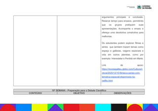argumentos principais e conclusão.
Reserve tempo para ensaios, permitindo
que os grupos pratiquem suas
apresentações. Acompanhe o ensaio e
ofereça uma devolutiva construtiva para
melhorias.
Os estudantes podem explorar filmes e
séries que também trazem temas como
espaço e galáxias, viagens espaciais e
vida em outros planetas, como por
exemplo: Interestelar e Perdido em Marte.
Link de apoio:
https://revistagalileu.globo.com/Cultura/n
oticia/2020/12/10-filmes-e-series-com-
tematica-espacial-disponiveis-na-
netflix.html
19ª SEMANA - Preparação para o Debate Científico
CONTEÚDO OBJETIVO OBSERVAÇÕES
 