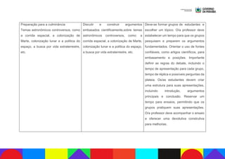 Preparação para a culminância
Temas astronômicos controversos, como
a corrida espacial, a colonização de
Marte, colonização lunar e a política do
espaço, a busca por vida extraterrestre,
etc.
Discutir e construir argumentos
embasados cientificamente,sobre temas
astronômicos controversos, como: a
corrida espacial, a colonização de Marte,
colonização lunar e a política do espaço,
a busca por vida extraterrestre, etc.
Deve-se formar grupos de estudantes e
escolher um tópico. O/a professor deve
estabelecer um tempo para que os grupos
pesquisem e preparem os argumentos
fundamentados. Orientar o uso de fontes
confiáveis, como artigos científicos, para
embasamento e posições. Importante
definir as regras do debate, incluindo o
tempo de apresentação para cada grupo,
tempo de réplica e possíveis perguntas da
plateia. Os/as estudantes devem criar
uma estrutura para suas apresentações,
incluindo introdução, argumentos
principais e conclusão. Reservar um
tempo para ensaios, permitindo que os
grupos pratiquem suas apresentações.
O/a professor deve acompanhar o ensaio
e oferecer uma devolutiva construtiva
para melhorias.
 